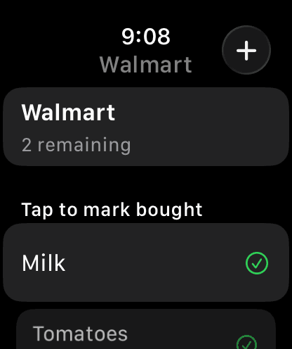 Nenapo Apple Watch store list with items to mark bought
