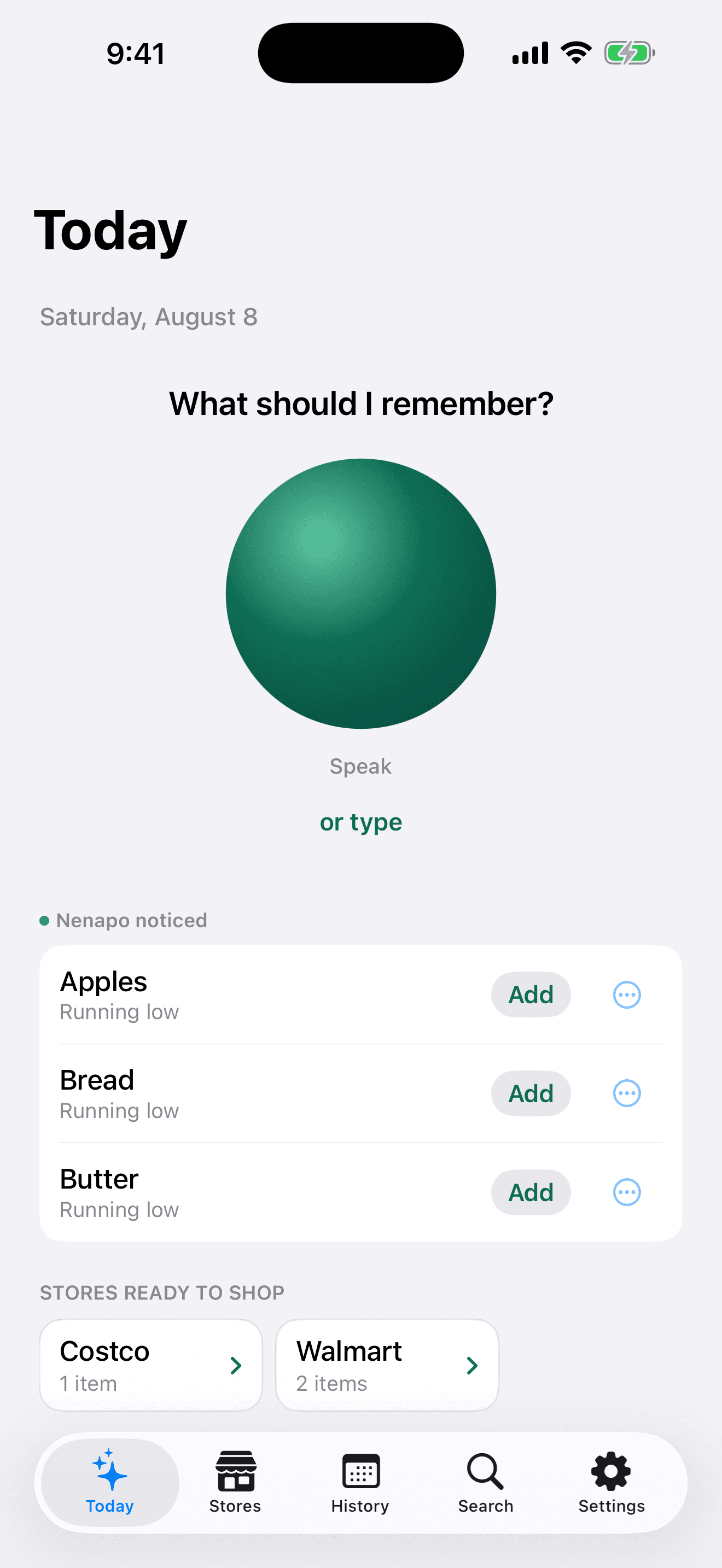Nenapo Today screen showing voice capture and useful grocery suggestions
