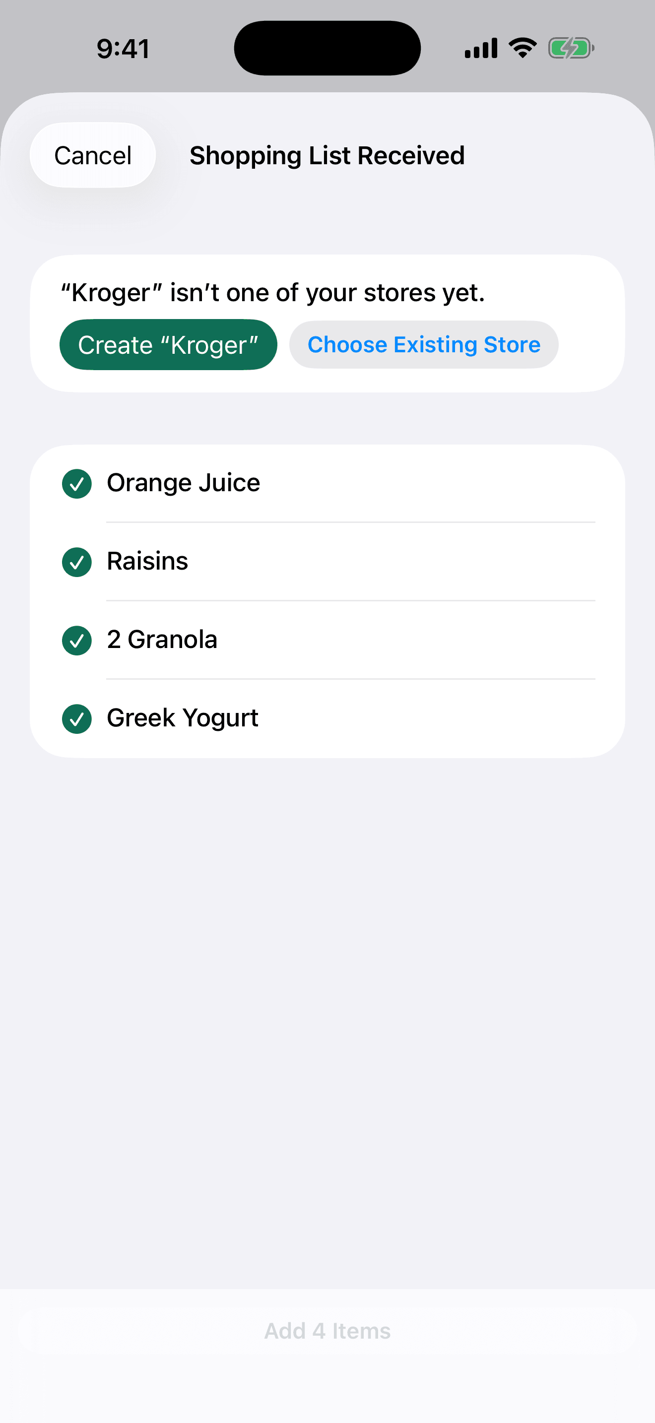 Nenapo previewing a received shopping list before import