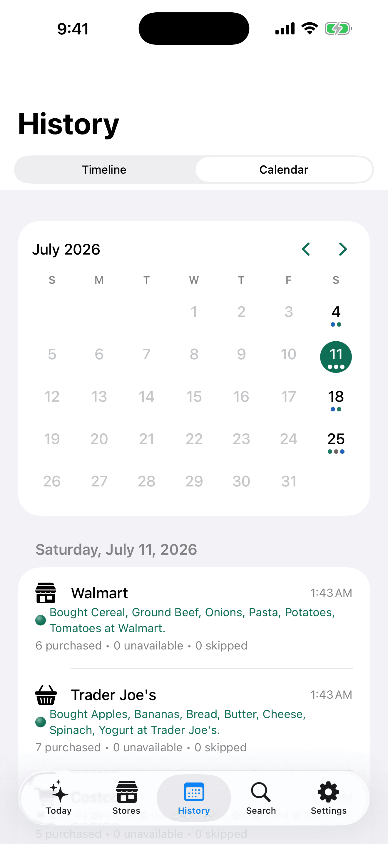 Nenapo store-colored shopping history calendar