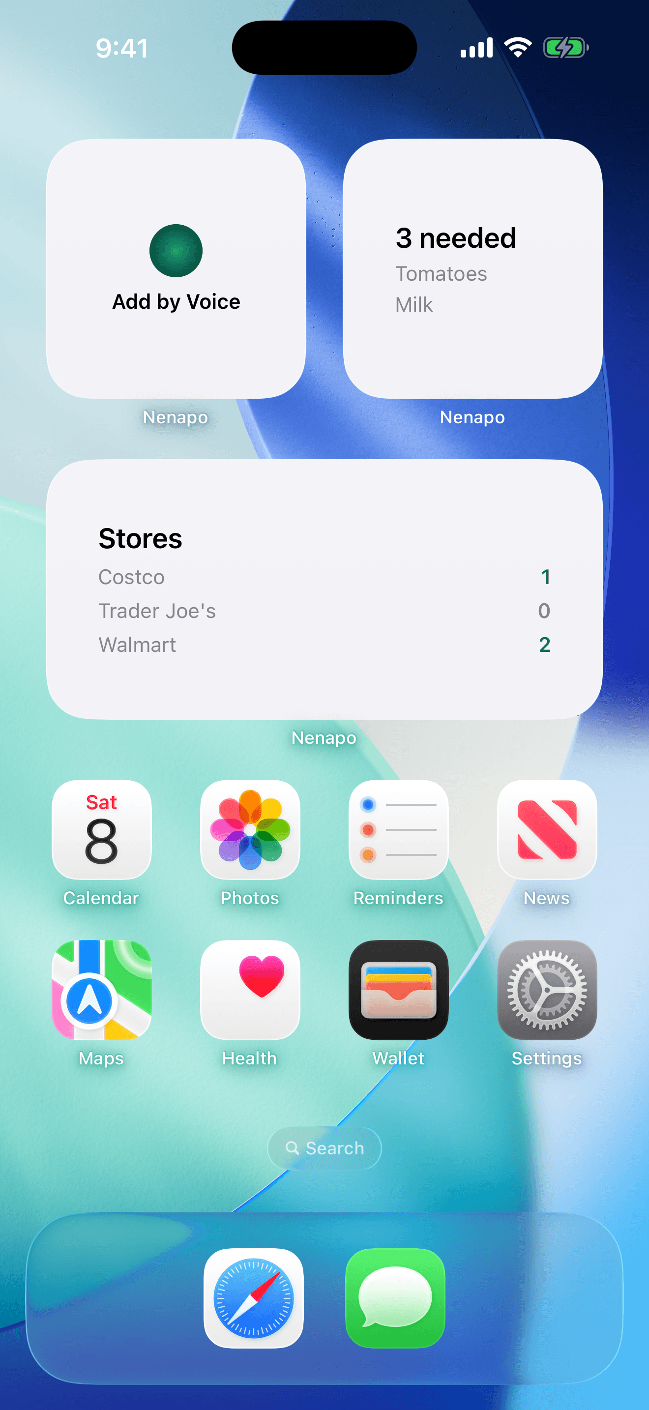 Nenapo Home Screen widgets showing needed items, stores, and voice capture