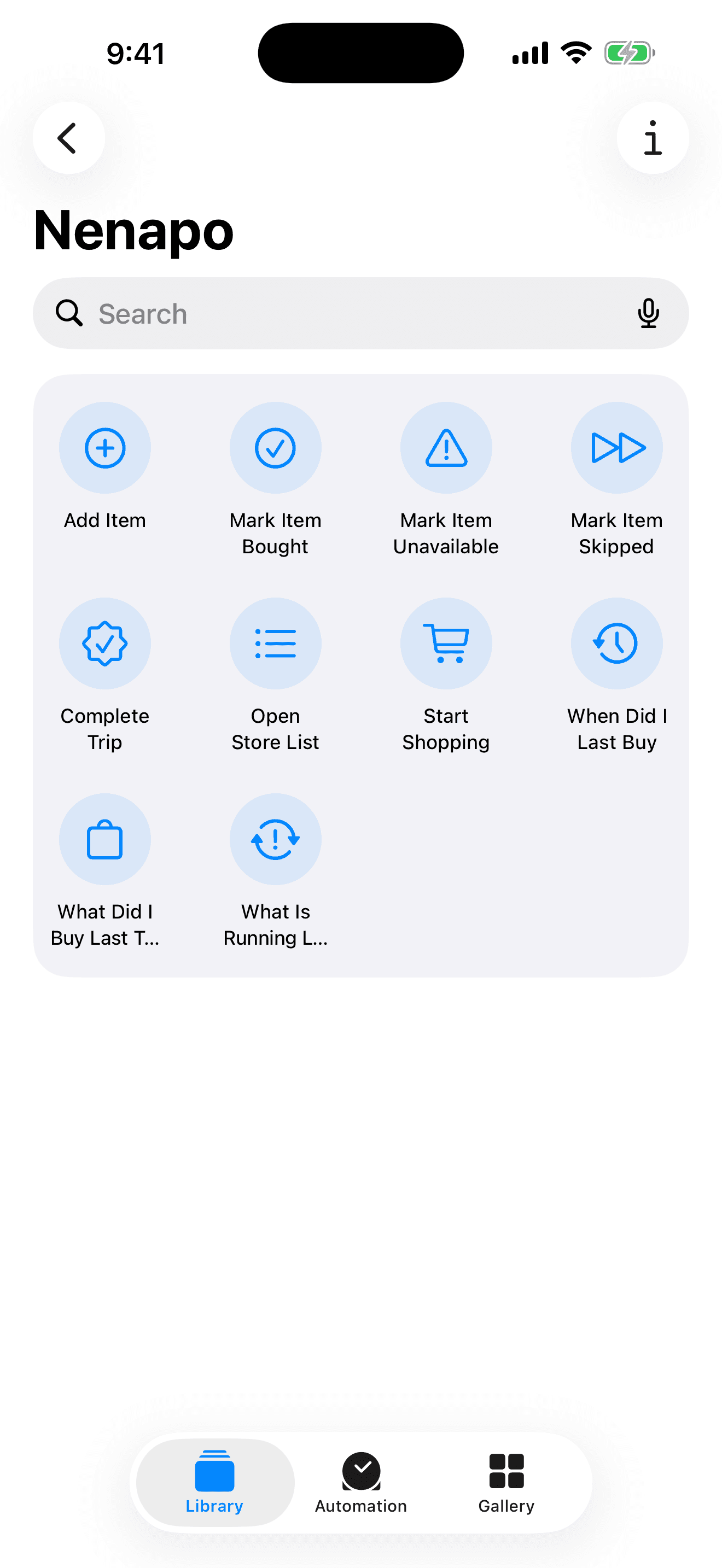 Nenapo actions available in Siri and the Shortcuts app