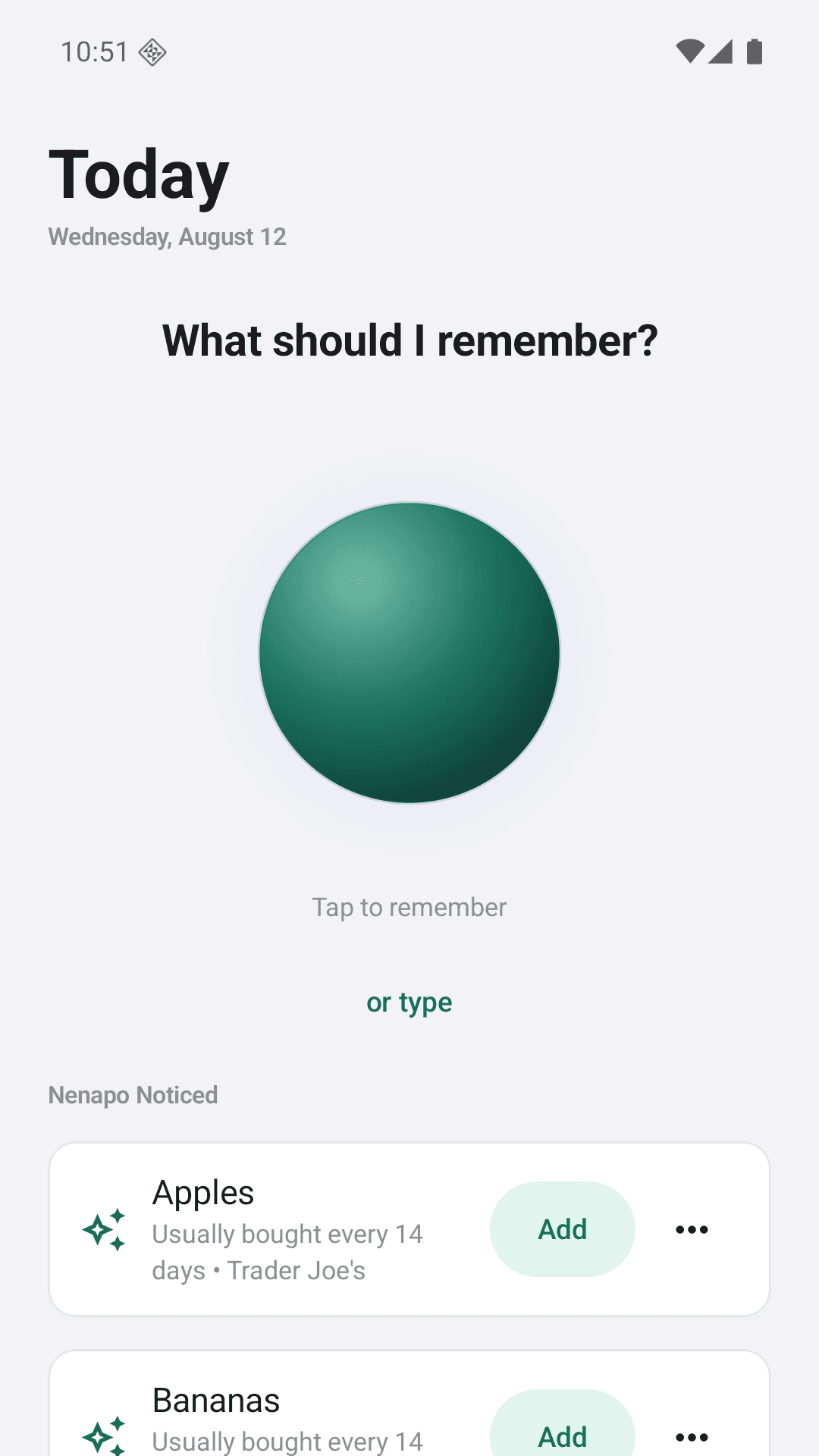 Nenapo for Android Today screen showing remembered grocery suggestions and stores ready to shop